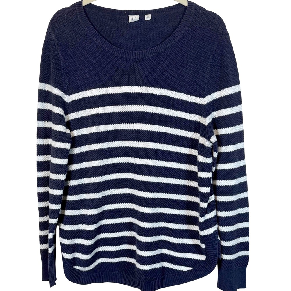 GAP XL Navy Blue White Striped Cotton Knit Crewneck Sweater coastal nautical